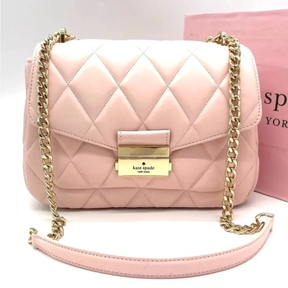 Kate Spade Carey Small Quilted Flap Shoulder Crossbody Bag Light Pink/ Gold - Picture 1 of 10